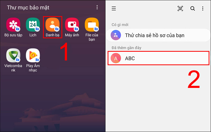 Vào Thư mục bảo mật để xem liên hệ vừa ẩn
