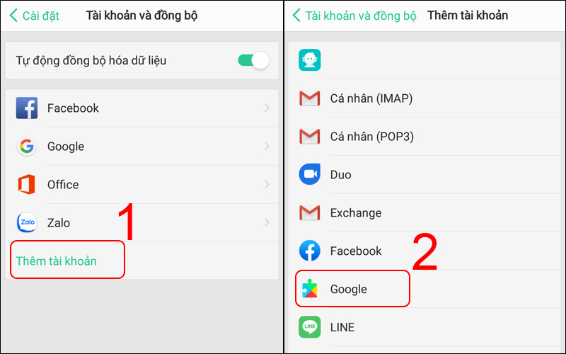 Chọn Thêm tài khoản và chọn Google