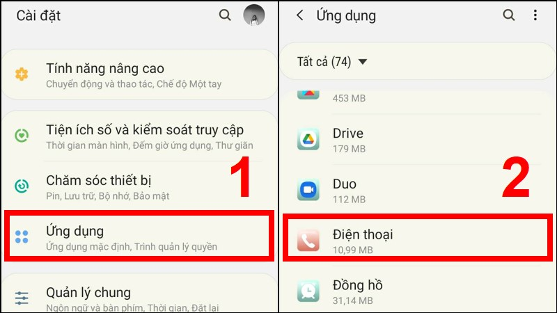 Chọn mục Ứng dụng, chọn Điện thoại