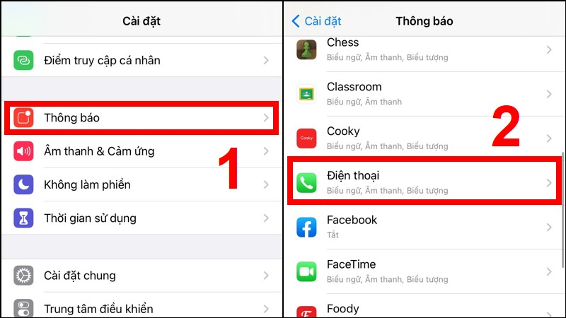 Tìm chọn mục Thông báo, chọn mục Điện thoại