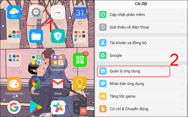 Vào Cài đặt và chọn Quản lý ứng dụng