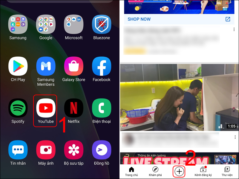 Vào YouTube và bấm vào biểu tượng dấu +