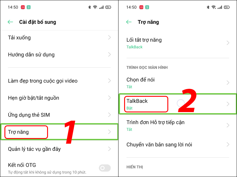 Chọn trợ năng, tiếp tục chọn TalkBack