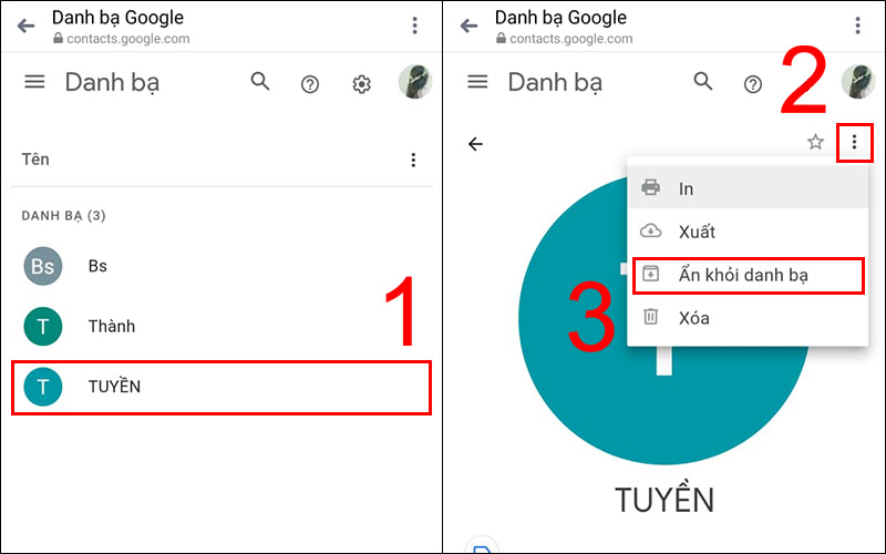 Nhấn vào liên hệ bạn muốn ẩn rồi chọn biểu tượng ba chấm, nhấn vào Ẩn khỏi danh bạ