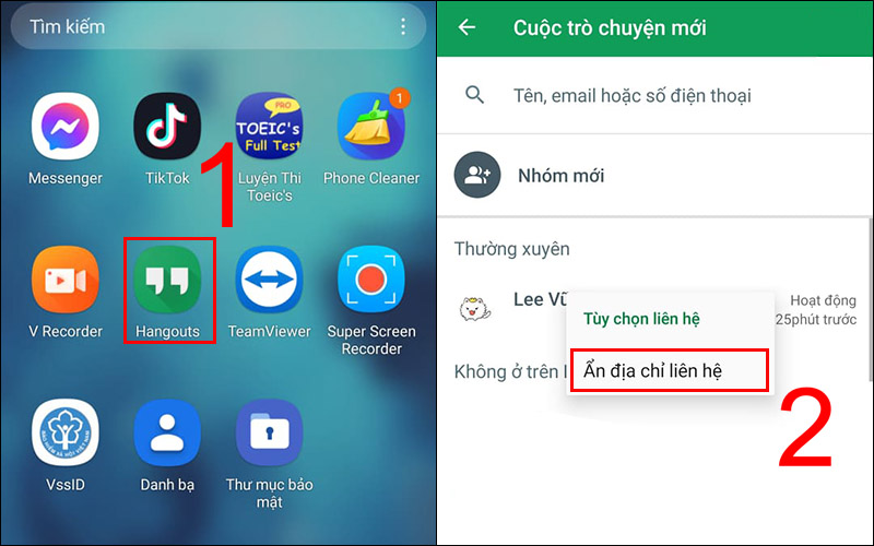 Vào Google Hangouts, nhấn giữ liên hệ bạn muốn ẩn rồi chọn Ẩn địa chỉ liên hệ
