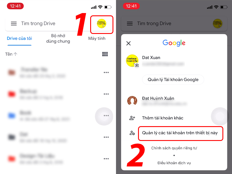 Chọn quản lý tài khoản trên thiết bị