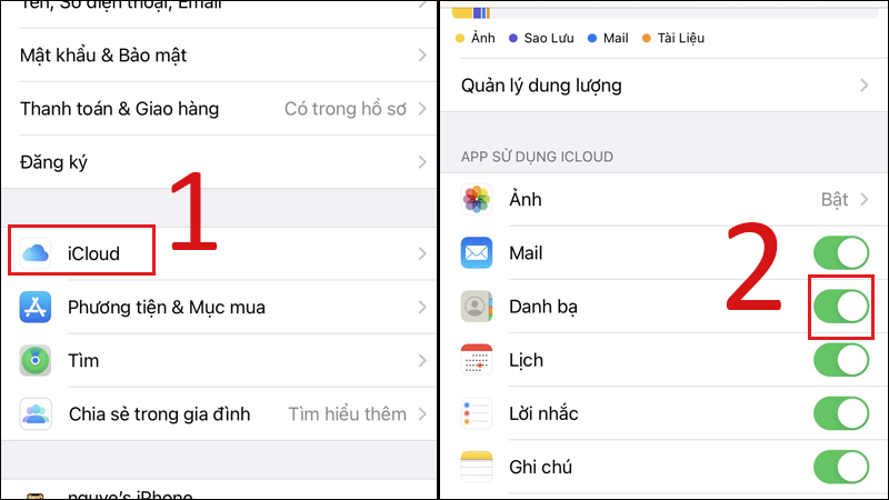 Tại mục APP SỬ DỤNG ICLOUD hãy đảm bảo Danh bạ đã được bật
