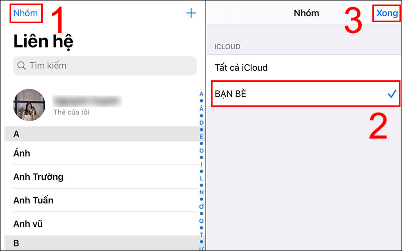 Chọn Nhóm rồi bỏ tick các mục khác, giữ lại dấu tick trên nhóm bạn vừa tạo, sau đó nhấn Xong