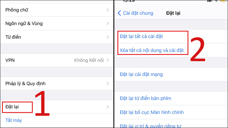 Nhấn vào Đặt lại tất cả cài đặt hoặc Xóa tất cả nội dung và cài đặt