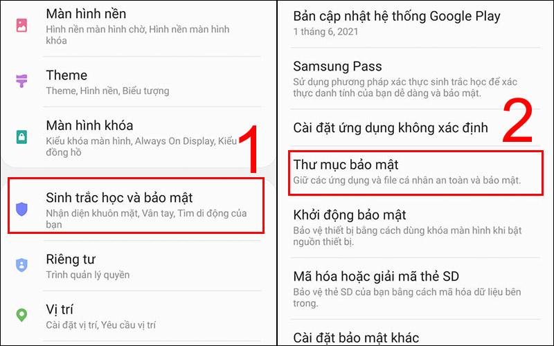 Chọn Sinh trắc học và bảo mật, nhấn Thư mục bảo mật