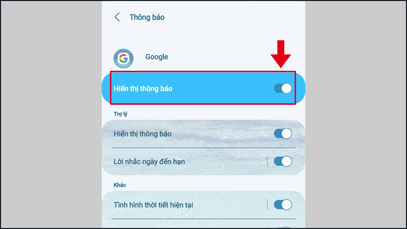 Gạt thanh trạng thái sang trái để tắt toàn bộ thông báo Google