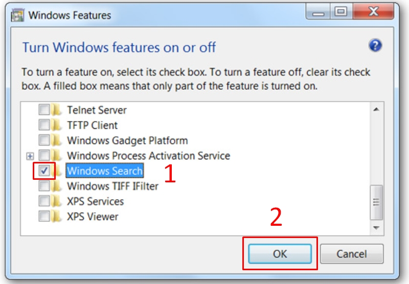 Bỏ chọn Windows Search
