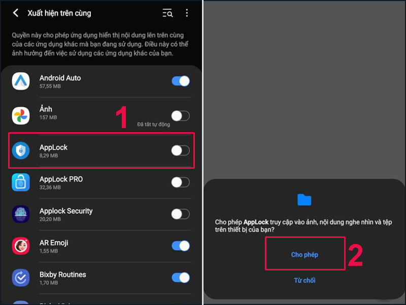 Chọn Cho phép để cấp quyền truy cập dữ liệu điện thoại cho AppLock - Fingerprint