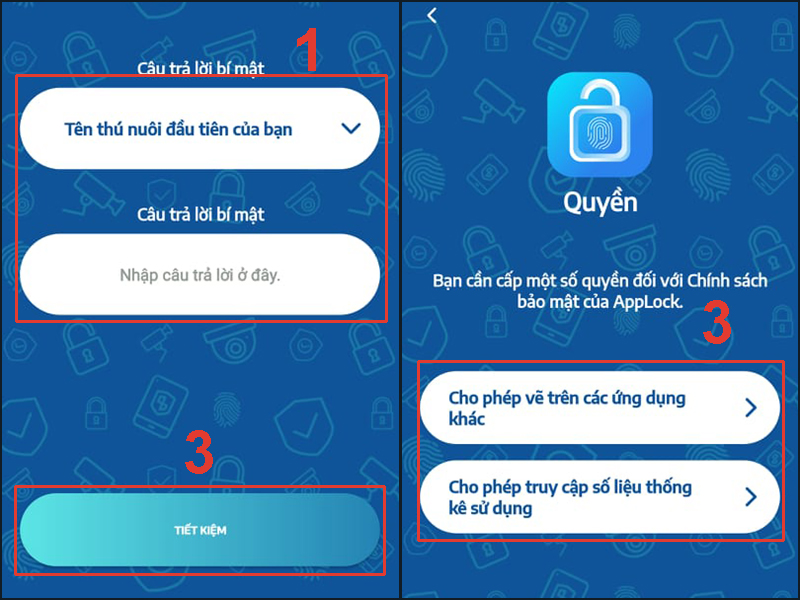 Trả lời các câu hỏi bảo mật và cấp quyền cho AppLock Pro