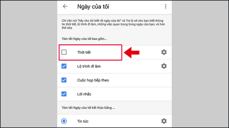 Ấn vào ô vuông để tắt các thông báo liên quan đến thời tiết