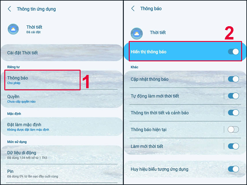 Gạt thanh trạng thái sang trái để tắt toàn bộ các thông báo thời tiết