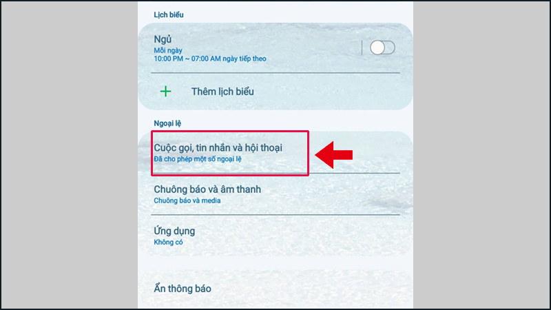 Chọn cuộc gọi, tin nhắn và hội thoại trong mục Ngoại lệ