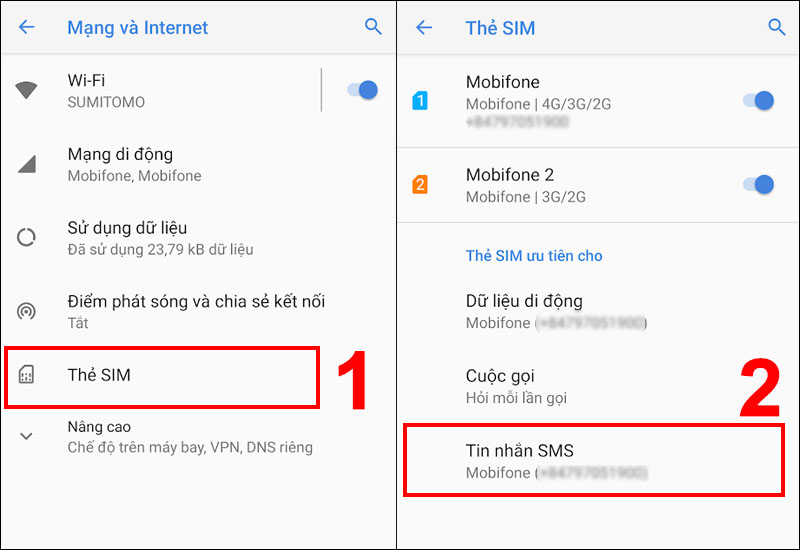Vào Thẻ SIM chọn mục Tin nhắn