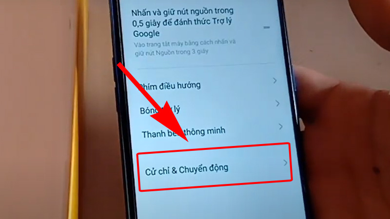 Chọn thanh Cử chỉ và Chuyển động