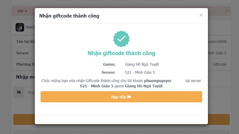 Thông báo nhập code thành công Thông báo nhập code thành công