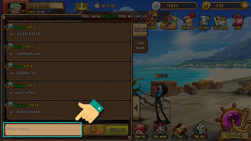 Khung chat Nhập code vào khung chat
