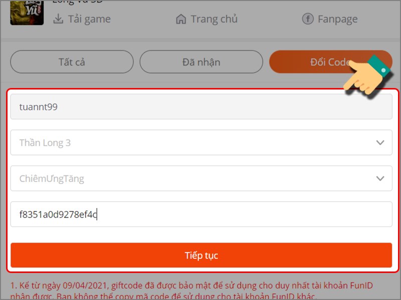 Nhập mã code bạn có Nhập mã code bạn có