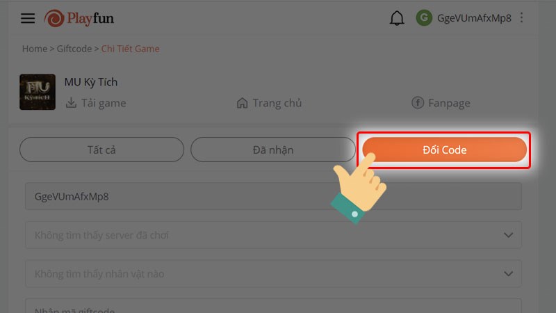Chọn vào mục Đổi code Chọn vào mục Đổi code
