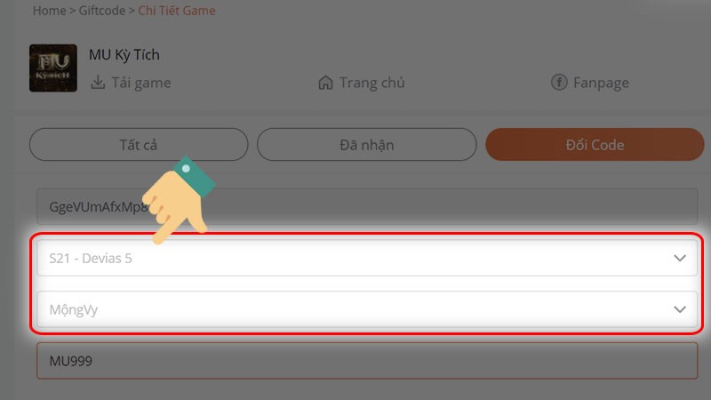 Chọn server và nhân vật bạn muốn đổi code Chọn server và nhân vật bạn muốn đổi code