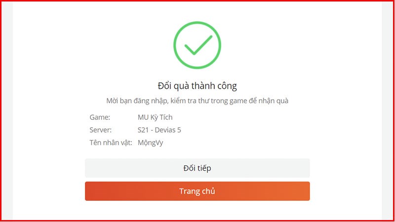 Hệ thống gửi thông báo nhập code thành công Hệ thống gửi thông báo nhập code thành công