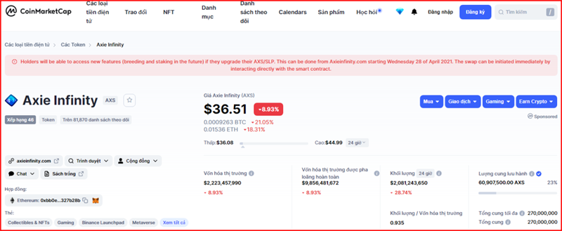 Mỗi AXS đang được bán với giá 36.51 USD Mỗi AXS đang được bán với giá 36.51 USD