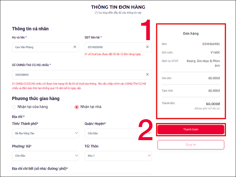 Kiểm tra thông tin đơn hàng và nhấn Thanh toán