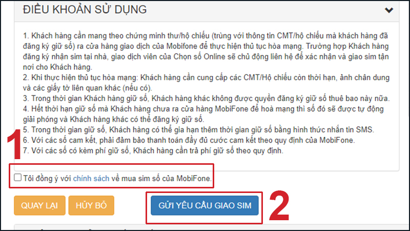 Bạn hãy đọc kĩ và đồng ý với điều khoản sử dụng sim số của MobiFone