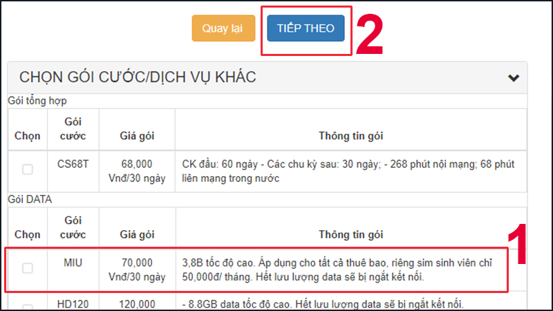 Hãy chọn gói cước hoặc dịch vụ gia tăng nếu bạn muốn
