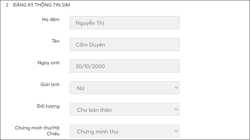 Nhập các thông tin về họ tên, giới tính, ngày sinh, CMND