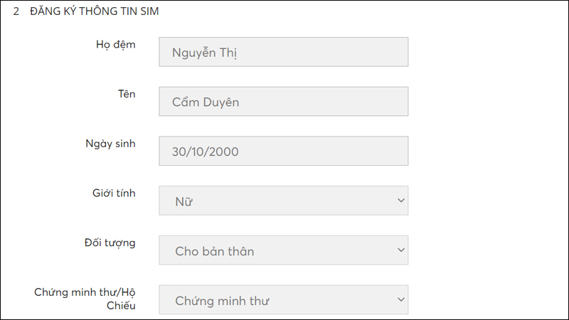 Nhập các thông tin về họ tên, giới tính, ngày sinh, CMND