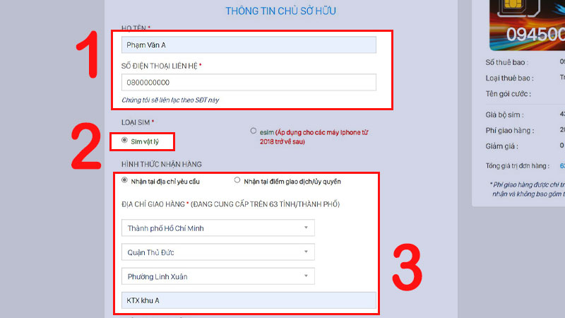 Điền một số thông tin để mua SIM