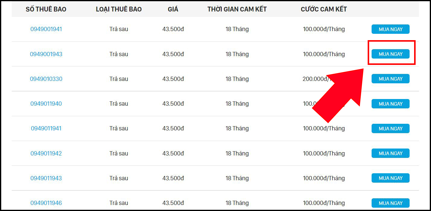 Chọn số ưng ý nhất và nhấn MUA NGAY để đặt hàng