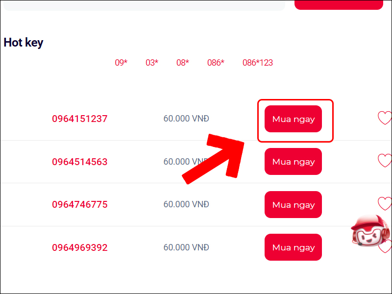 Nhấn mua ngay khi chọn được số ưng ý