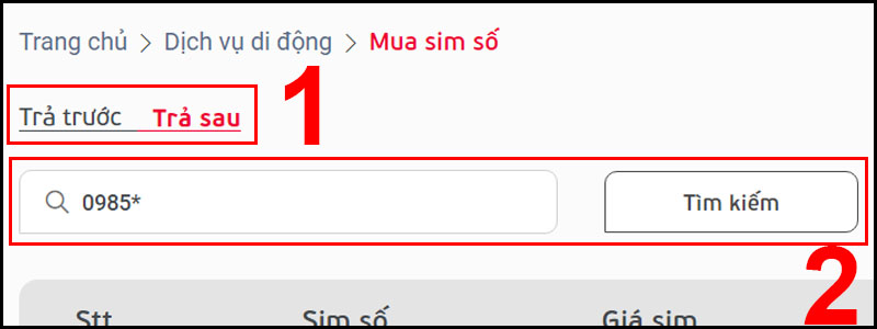 Nhấn vào Tìm kiếm sau khi nhập đầu số bạn muốn mua