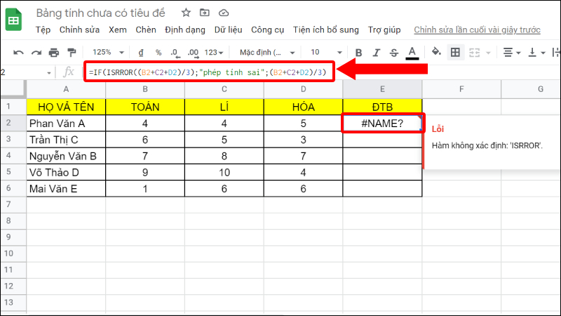 Hình minh họa lỗi #NAME trong Google Sheet