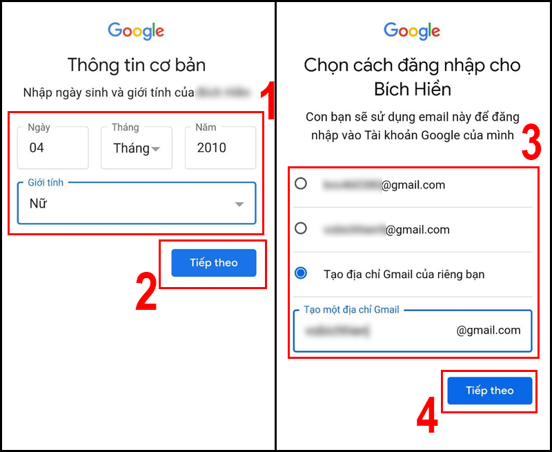 Chọn ngày sinh, giới tính và chọn tên đăng nhập cho email của con
