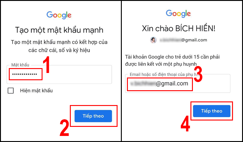 Tạo mật khẩu cho tài khoản của con, nhập email của phụ huynh quản lý