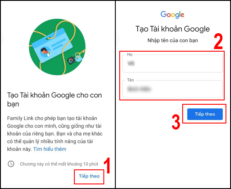 Nhập họ và tên để tạo tài khoản Google cho con