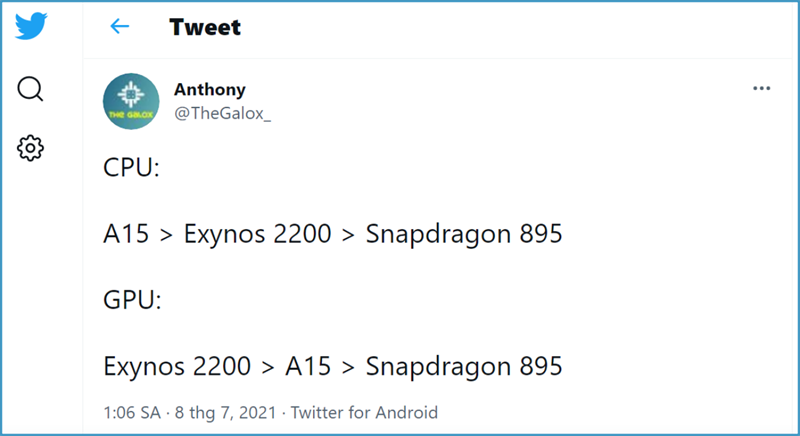 Theo @TheGalox, chip Exynos 2200 mạnh hơn Snapdragon 895 Theo @TheGalox, chip Exynos 2200 mạnh hơn Snapdragon 895