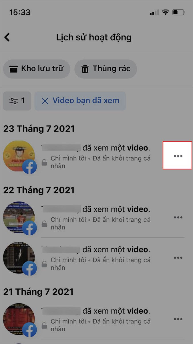 Nhấn vào biểu tượng 3 dấu chấm ở bên phải lịch sử video đã xem Nhấn vào biểu tượng 3 dấu chấm ở bên phải lịch sử video đã xem
