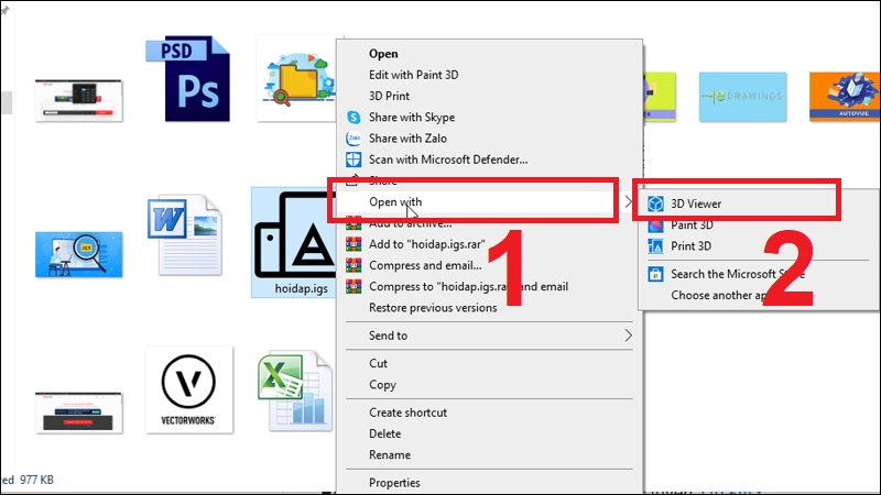 Click chuột phải vào file IGS chọn Open with và chọn phần mềm tương ứng