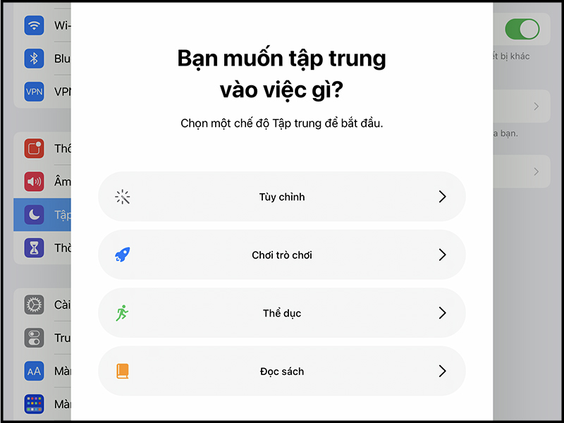 Bạn có thể chọn mục (profile) tùy ý để kích hoạt chế độ tập trung tương ứng