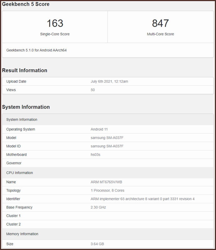 Galaxy A03s (số model SM-A037F) xuất hiện trên Geekbench Galaxy A03s (số model SM-A037F) xuất hiện trên Geekbench