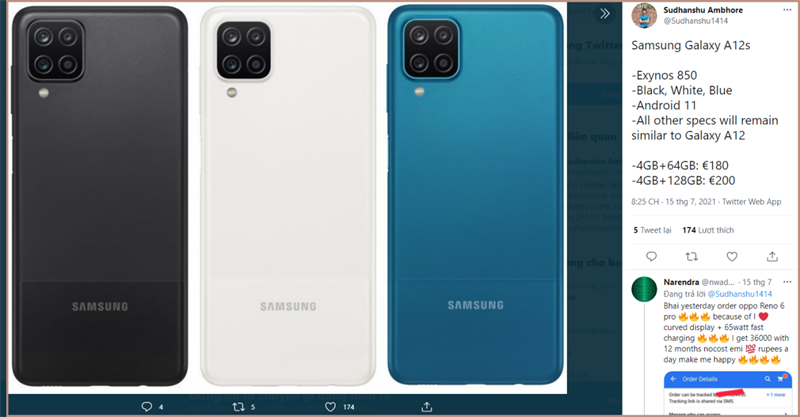 Leaker Sudhanshu Ambhore tiết lộ cấu hình, các phiên bản màu sắc và giá bán của Galaxy A12s Leaker Sudhanshu Ambhore tiết lộ cấu hình, các phiên bản màu sắc và giá bán của Galaxy A12s