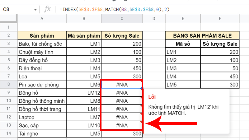 Hàm kết hợp INDEX, MATCH bị lỗi #NA vì không tìm thấy đối tượng dò tìm